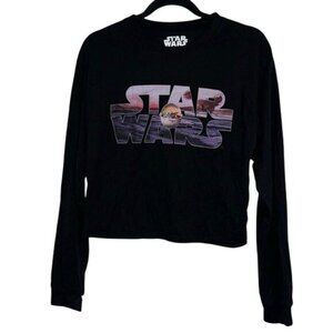 Star Wars Black Long Sleeve Cropped Shirt Featuring Baby Yoda Graphic 60% Cotton